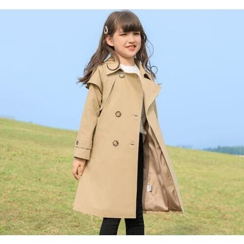 5-14y Girls Mid Length Coats Double Breasted Outwear With Belt Autumn Winter Jackets Kids Loose Casual Warm Coats For Girls