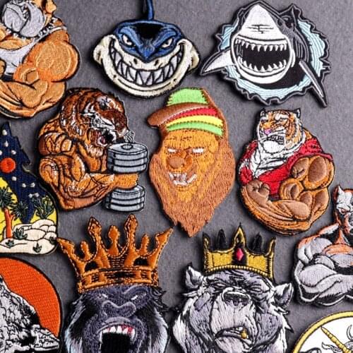 Bear tiger Shark Dog Patch Embroidered Patches On Clothes Animal Iron on Patches for Clothing DIY Punk Clothes Patches Stripes
