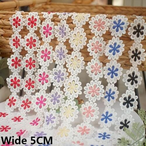 5CM Wide Cotton Polyester Embroidered Ribbon Colorful Flowers Lace Fringe Edge Trim Dress Apparel Headwear Hats DIY Sewing Decor
