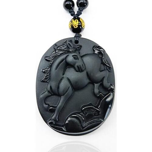Drop Ship Obsidian Engraved Horse Necklace Pendant Mens Pendant With Chain Black Jade Jewelry