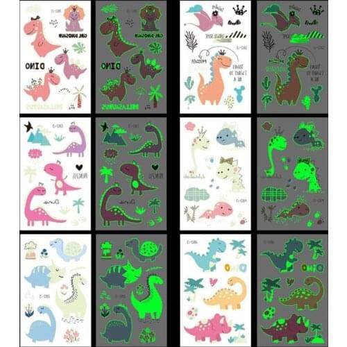 Dinosaur Luminous Tattoo Stickers Child Kid Waterproof Fake Tattoos Glow Paste on Face Arm Leg for boy Christmas Halloween