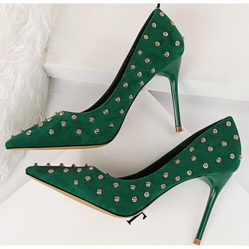 2020 Women 9cm High Heels Rivets Glitter Blue Green Red Pumps Lady Plus Size Studded Wedding Low Talon Heels Scarpins Prom Shoes