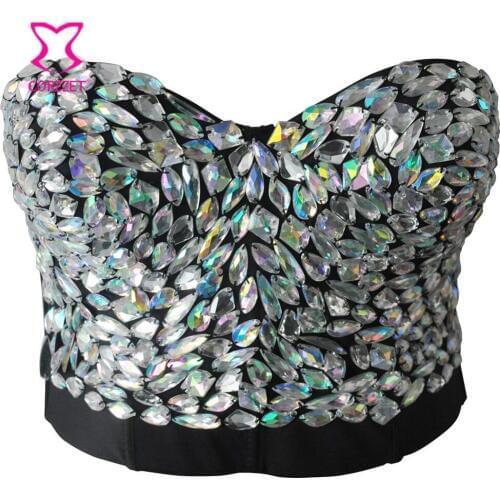 White Crystal Gem Beading Belly Dance Club Wear Punk Sexy Bra Push Up Bralette Crop Top Gothic Brassiere Femme Sujetadores Mujer
