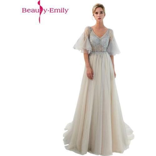 Beauty Emily Long Grey Beads Evening Dresses 2020 Short Sleeve Bodice Open Back Party Prom Dresses Elegant Vestido De Festa