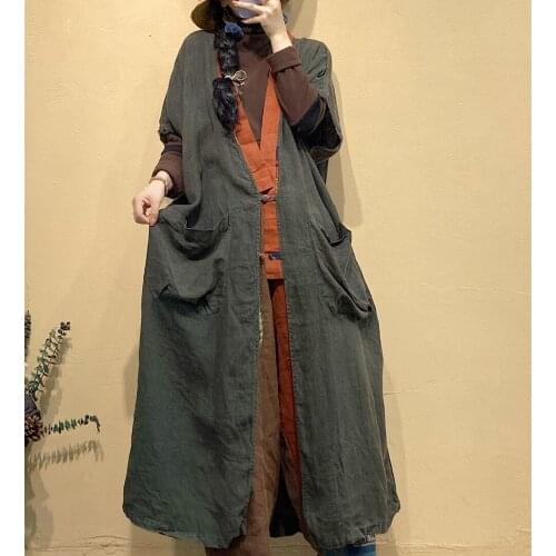 Retro Dress Women 2021 Autumn New Loose Long Casual Dress Ladies V-Neck Button Big pocket Half Sleeve Vintage Dress