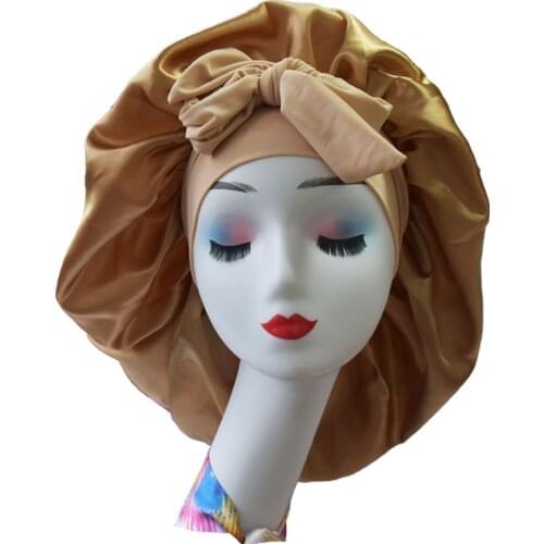 Large bonnet custom logo silky satin hair head bonnets chapeau with tie 4pcs