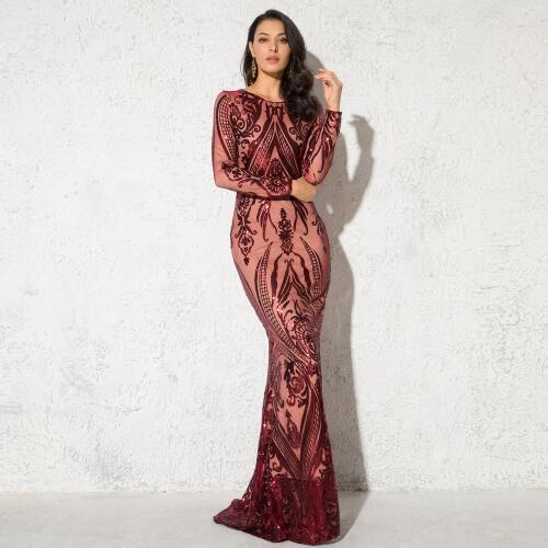 Burgundy Sequined O Neck Full Sleeved Maxi Dress Elegant Floor Length Stretch Evening Party Dress Autumn Winter