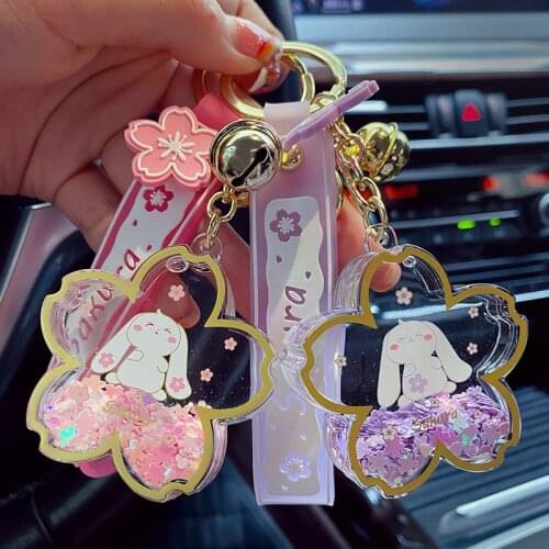 Creative Cherry Blossoms Bunny Keychain Acrylic Moving Liquid Oil Keyring for Women Girl Cute Bag Key Chains Jewelry Gift