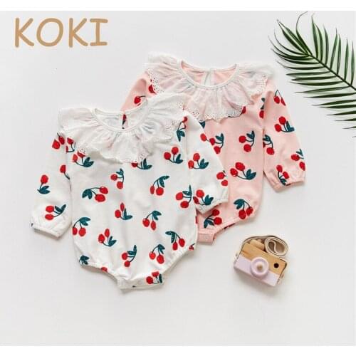 Baby Girls Romper Long Sleeve Spring Summer Cherry Print Cute Lovely Ruffled Collar Infant Newborn Bodysuit Jumpsuit Clothing