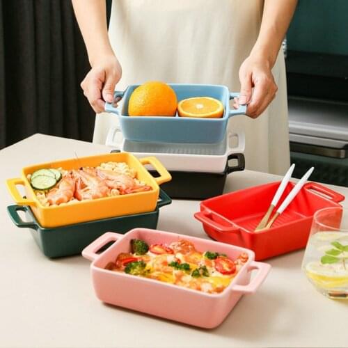 Bakeware Ceramic Rectangular Binaural Baked Rice Pan Household Creative Pure Color Baking Special Bowl