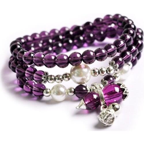 FYJS Unique Jewelry Silver Plated Natural Purple Amethysts Stone Round Beads with Imitation Pearl Elastic Bracelet