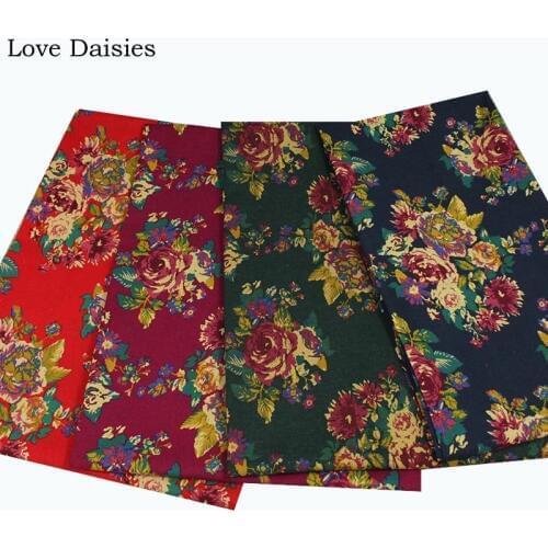 Cotton/Linen Ethnic DARK BLUE GREEN RED FUCHSIA Big Peony Flower Fabric for Cushion Curtain Home Decor Tablecloth Apparel Dress