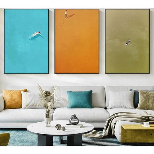 Minimalist Alone Girl in Wheat Field Swimming Pool Canvas Painting Pictures Wall Art Poster and Print for Living Room Home Decor