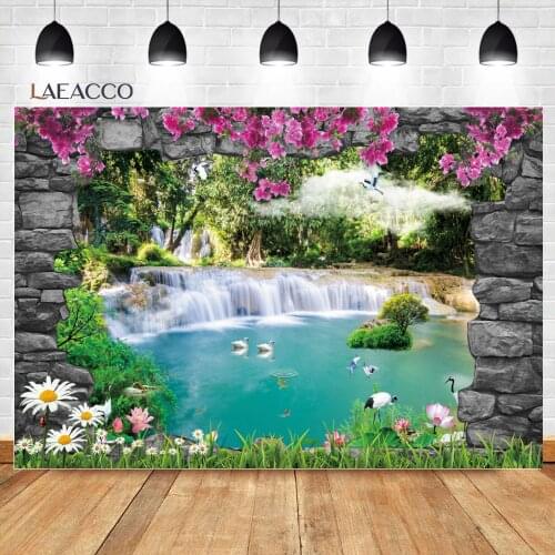 Laeacco Summer Tropical Holiday Fantasy Wonderland Background Waterfall Swan Poster Portrait Customized Photographic Backdrops