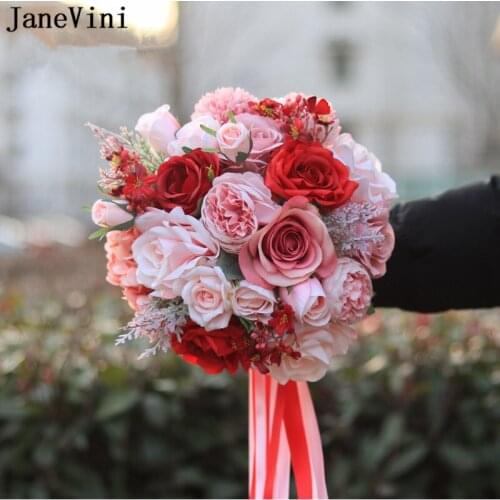 JaneVini Sweet Pink Red Rose Wedding Bouquet for Bride Bruid Ribbon Artificial Silk Outside Wedding Flowers Bridal Bouquet Fleur