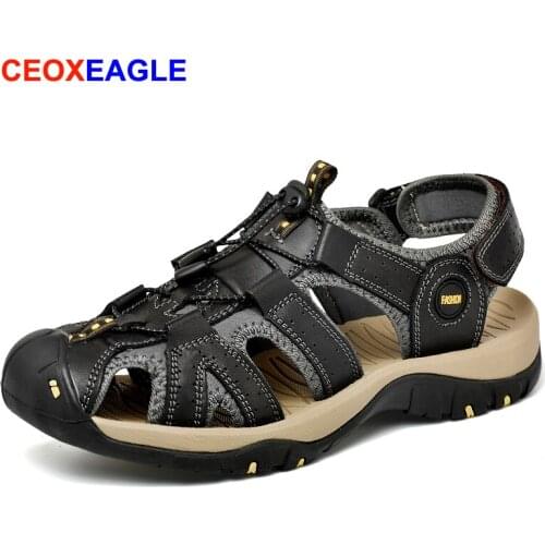 2019 New Adults Closed Toe Genuine Leather Mens Sandals Breathable Sneakers Man Summer Outdoor Shoes Roman Beach Sandals 38-45