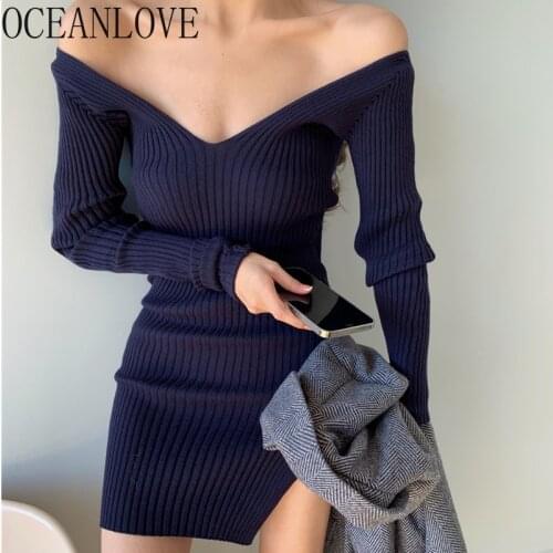 OCEANLOVE Vestidos Off Shoulder Sexy Knitted High Waist Bodycon 2021 Spring Woman Dresses Korean Simple Mini Dresses
