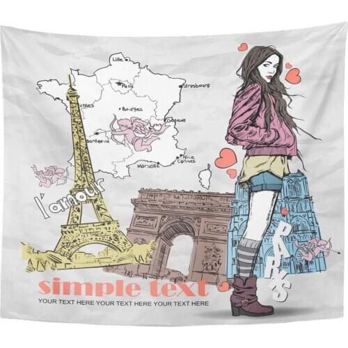 Couple Paris Lovely Young Girl in Sketch Style on French Travel France Shopping Tapestry Home Decor Wall Hanging for Living Room