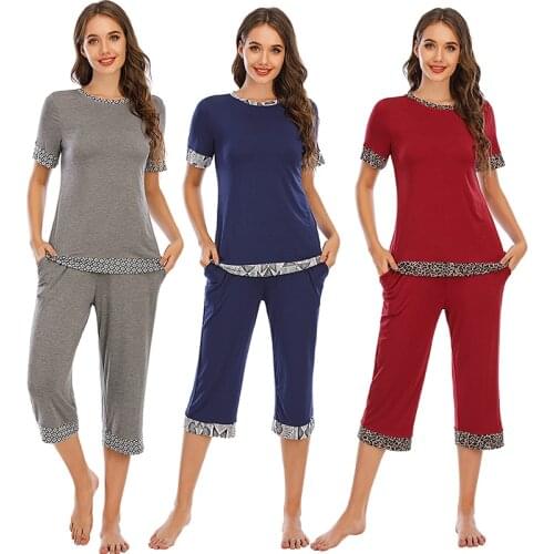 Casual Suit Female Spring Summer Home Clothes Color contrast Short Sleeve Two-Piece Set Loose Modal Cotton Pajamas Women Pijama
