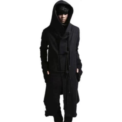Autumn Winter Men Punk Hip Hop Slim Fit Long Trench Coat Hooded Cloak Cardigan Mens Linen Rope Design Gothic Jackets Outerwear