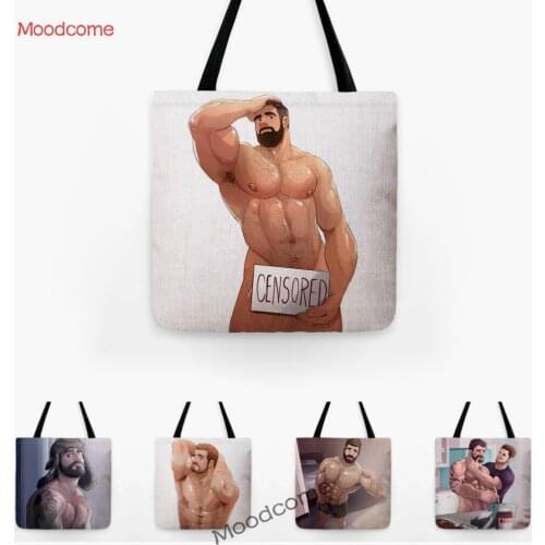 Sexy Man Hot Guy Hunk Boy Cartoon Muscle Male Gay LGBT Parade Art Water Resistant Linen Shoulder Tote Bag Grocery Shopping Bag