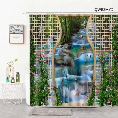 Retro Landscape Shower Curtains Hook Waterfall Animal Crane Carp Bathroom Curtain Home Background Wall Decor Bathroom Products