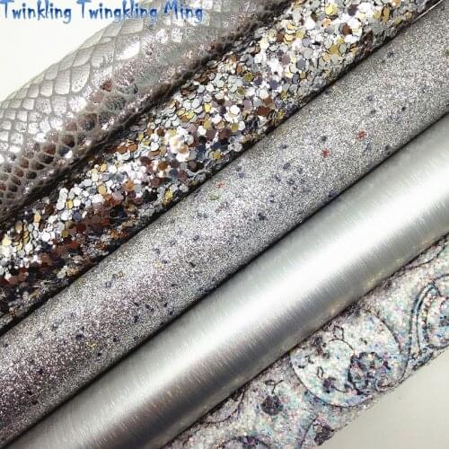 Silver Chunky Glitter leather Printed Glitter Leather, Metallic Snake Faux Leather For Bow A4 21x29CM Twinkling Ming KM108