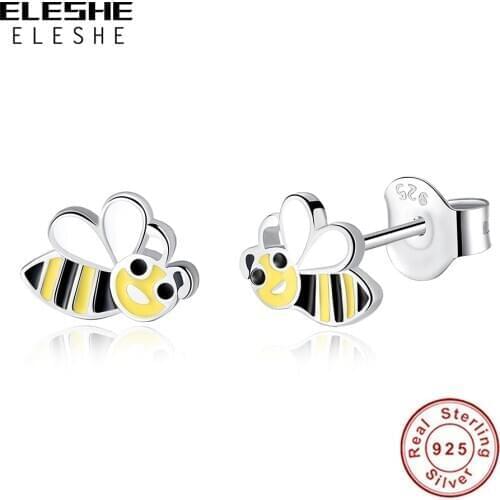 Black Yellow Enamel Bee Stud Earrings for Women Girls Authentic 925 Sterling Silver Cute Animal Earrings Fashion Jewelry