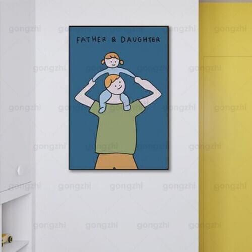 Modern Nordic Frameless Home Decoration Wall Painting Cartoon Dad and Daughter Thanksgiving Day Canvas Printed Poster