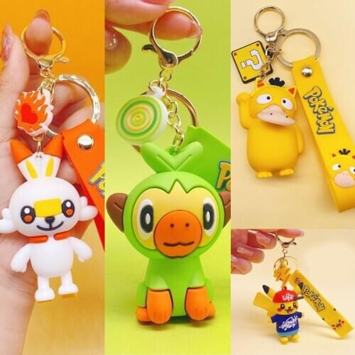 TAKARA TOMY Pokemon Toy Pikachu Pendant Bag Ornament Psyduck Rubber Keychain Sobble Scorbunny Animal Elf Doll for Kids Girl