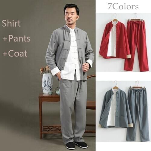 Traditional Chinese Clothing for Men Hanfu Tang Suit Solid Color Plus Size Cotton Linen Kung Fu Tai Chi Uniform Long Sleeve Set