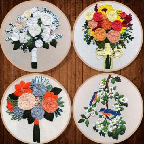 Creative Embroidery Kit Holding Flowers Pattern DIY Material Package Beginner Needlework Tools Sewing Craft Kits Home Decoration