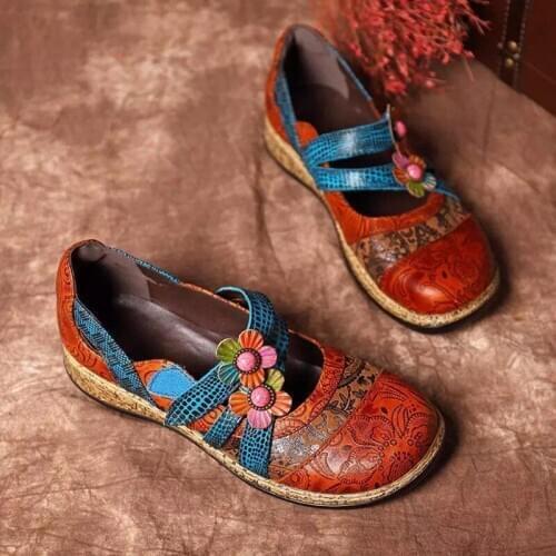 Vintage Floral Genuine Leather Splicing Colored Stitching Hook Loop Flat Shoes Spring Summer Casual Women Flat Shoes New