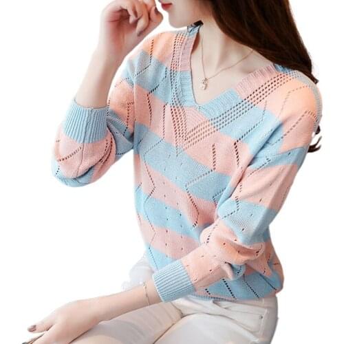 Knitted sweater 2021 spring and autumn new sweater womens striped sleeve V-neck loose-fitting hollow top