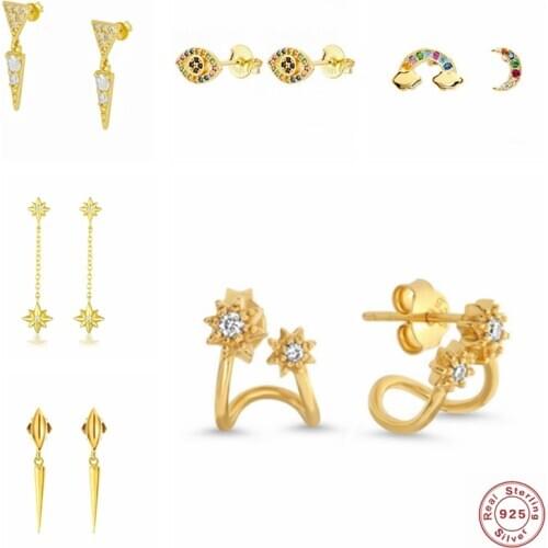 100% Real 925 Sterling Silver Stud Earring For Women Couples Personalized Rainbow Moon Tassel WaterDrop Earrings Jewerly Brincos