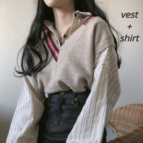 Striped Shirts Single Breasted and V-neck Sweater Vest Korean Style Two Pieces Sets Women Chic Trendy Popular Female Ulzzang Ins