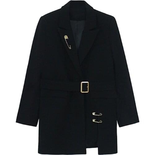 PERHAPS U Women Black Pocket Sash Button Long Sleeve Notch Collar Blazer Oversize Solid Pin C0348