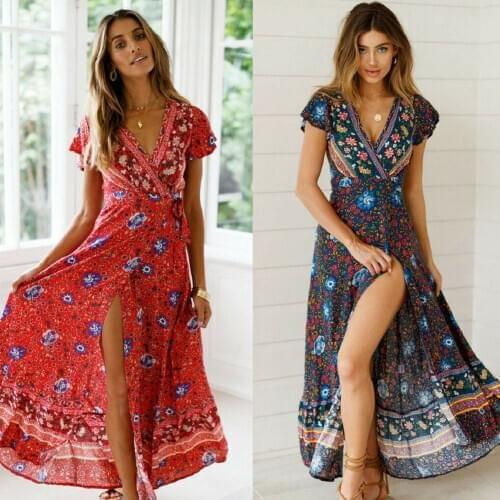 Women Boho Floral Dress Womens Chic Ethnic Style V-neck Split Dresses Summer Holiday Beach Long Maxi Evening Party Dress