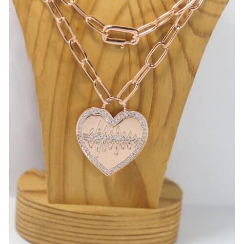 SLJELY Top Quality Fashion Pure 925 Sterling Silver Pink Gold Color Heart Beat Pendant Necklace Micro Zircon Women Brand Jewelry