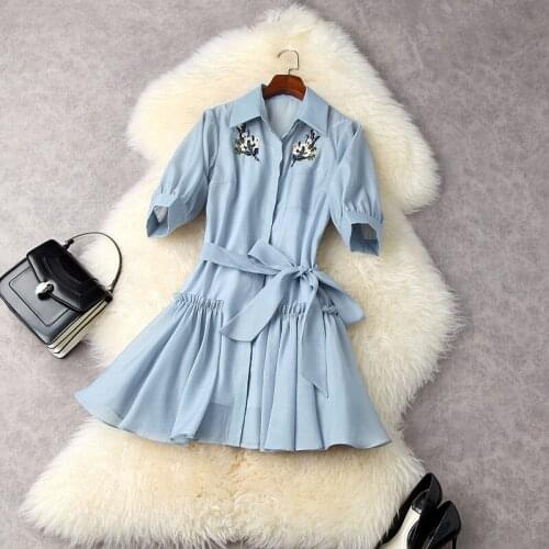 2021 Summer Slim Work Shirt Casual Dress New Spring Office Work Embroidered Nail Beads Dress Summer Mini Sexy Party Dresses S XL
