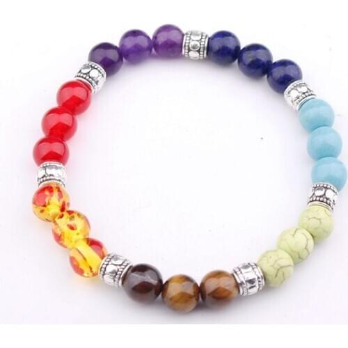 8mm Punk multicolor Agate Chakra Healing Reiki Buddha Yoga Bracelet elastic adjustable Volcanic Stone Bangles ccb3e