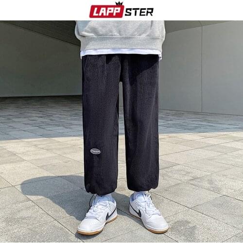 LAPPSTER Men Black Wide Leg Harajuku Sweatpants 2021 Mens Solid Vintage Causal Joggers Pants Man Baggy Kpop Streetwear Pants 5XL