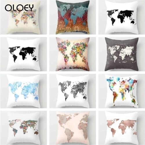 World Map Cushion Cover Decoration 45x45cm Polyester Decoration Cushion Cover Pink Cushion Cover Home School Bedroom Decoration