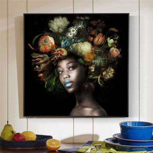 Black Woman With Flowers on Head Oil Paintings Print on Canvas Art Posters and Prints African Flower Woman Art Pictures Cuadros