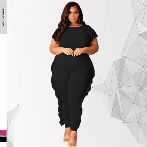 Black Two Piece Set Women Short Sleeves Tops Fungus Edge Pant Suits Slim Leisure Style Plus Size Clothing Wholesale Dropshipping
