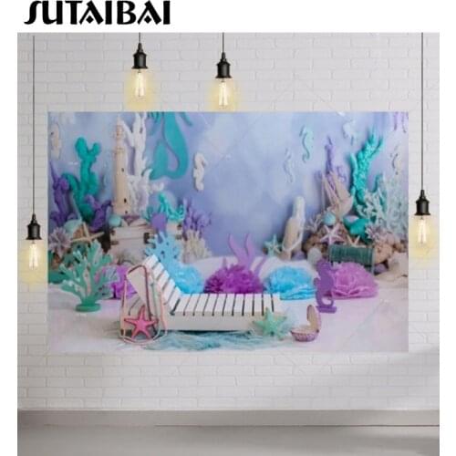 Baby Shower Under The Sea World Little Mermaid Girls Birthday Backdrop Blue Purple Customized Kids Party Decorations Background