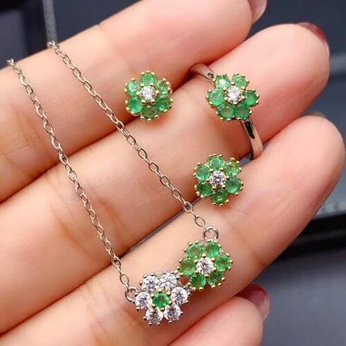 Good Valentine Gift Natural Real Emerald Set 925 Sterling Silver 1pc Emerald Ring,2pcs Emerald Earring,1pc Emerald Pendant