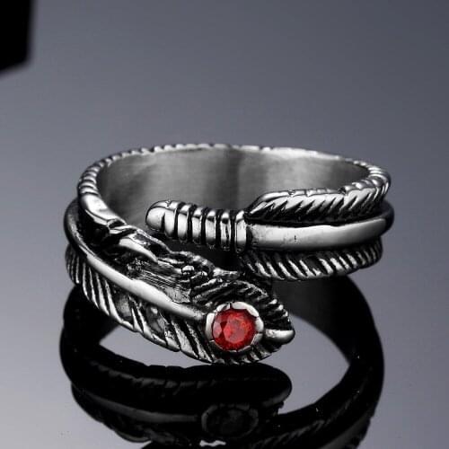 Megin D Stainless Steel Titanium Feather Red Crystal Zircon Hip Hop Vintage Retro Rings for Men Women Couple Friend Gift Jewelry