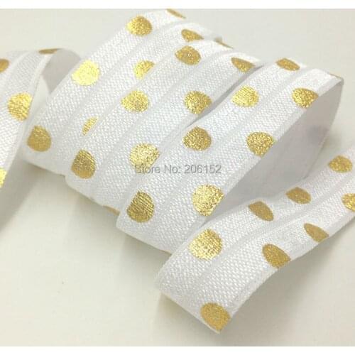 5/8" White Fold Over Elastic With Gold Foil Polka Dot Print FOE For DIY Headwear Hair Accessories Ribbon 10Y/Lot