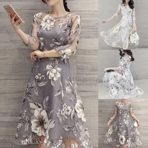 Hot Sales!!! Women O Neck 3/4 Mesh Sleeve Floral Print Large Swing Double Layer Midi Dress